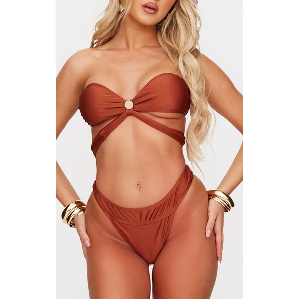Brown Ruched Waist Bikini Bottoms