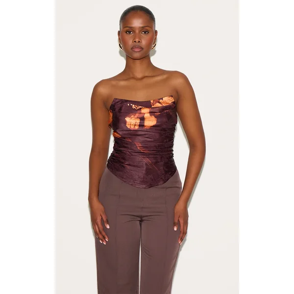 Brown Satin Printed Ruched Corset