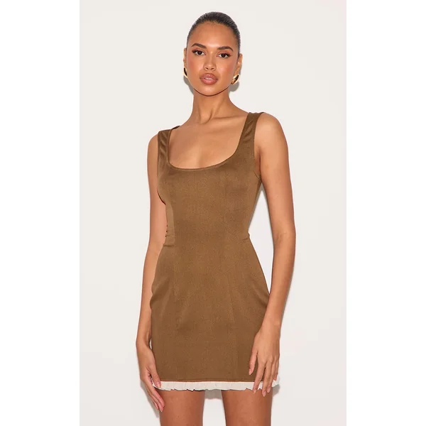 Brown Scoop Neck Frill Hem Bodycon Dress