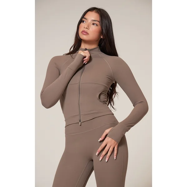 Brown Sculpt Pocket Front Double Zip Up Jacket