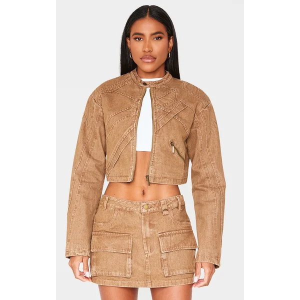 Brown Seam Detail Shoulder Padded Racer Cropped Denim Jacket