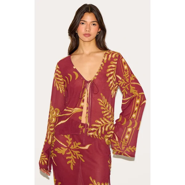 Brown Sheer Floral Long Sleeve Tie Front Top