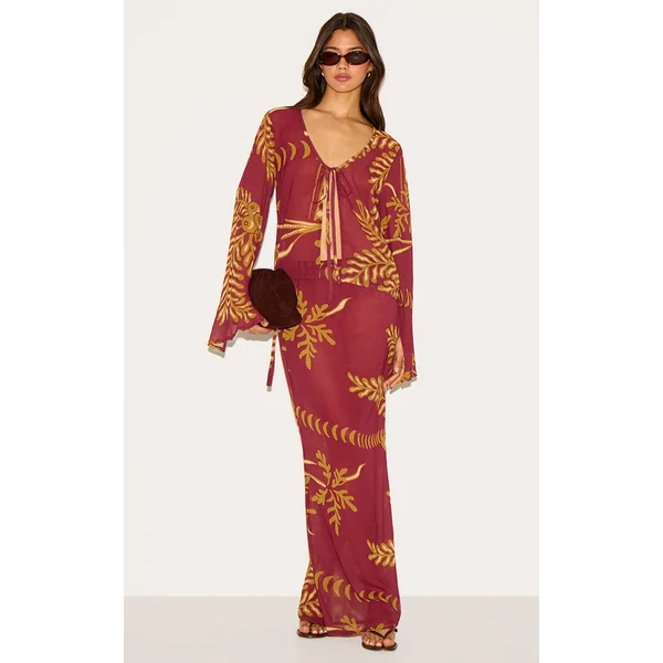 Brown Sheer Floral Tie Side Maxi Skirt