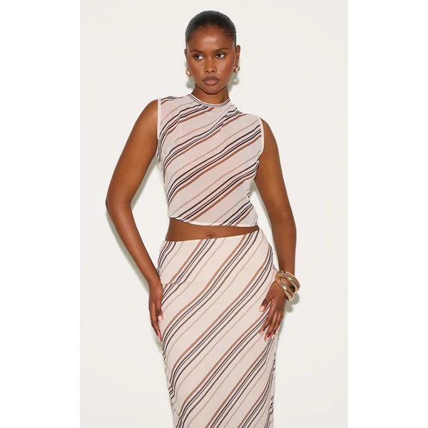 Brown Sheer Striped Chiffon Cami Top