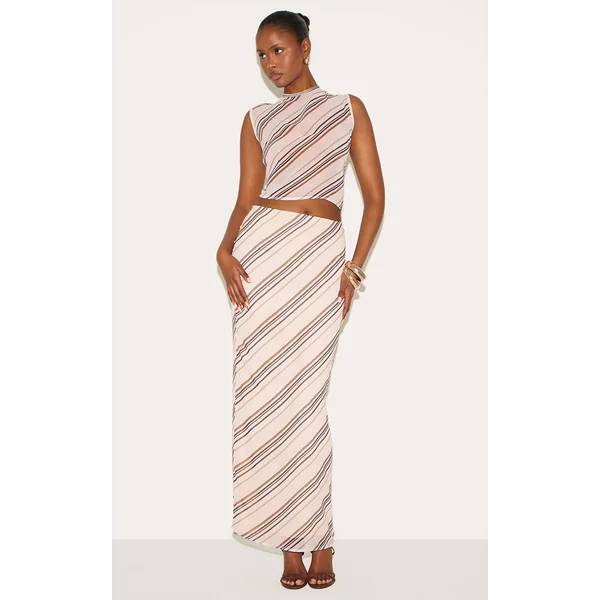 Brown Sheer Striped Chiffon Maxi Skirt