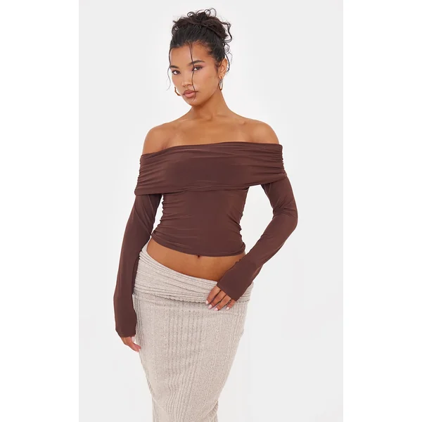 Brown Slinky Bardot Long Sleeve Long Top