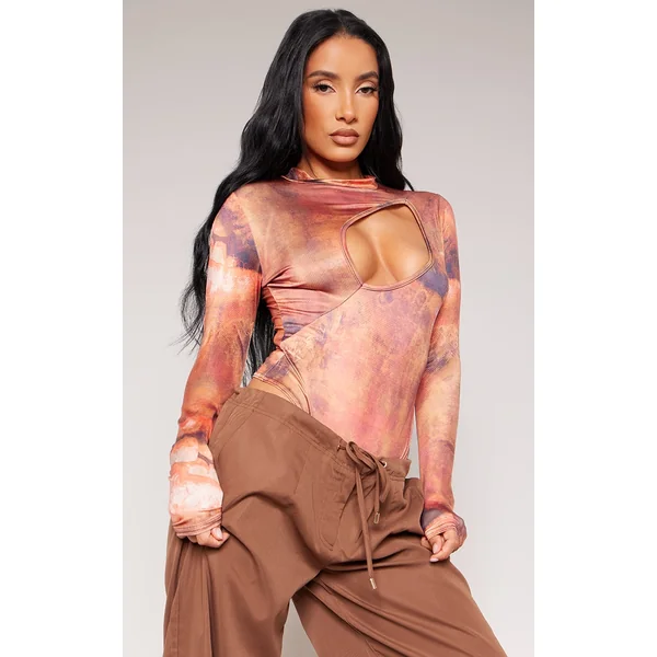Brown Slinky Printed Cut Out Bodysuit
