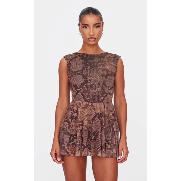 Brown Snake Print Mesh Rara Skort Romper
