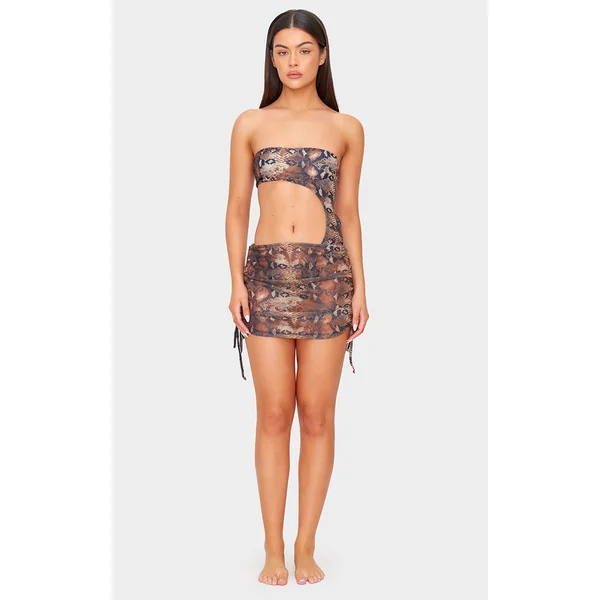 Brown Snake Print Ruched Detail Mesh Beach Skirt