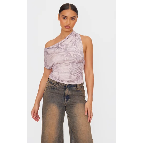 Brown Snake Print Slinky Backless Asymmetric Long Top