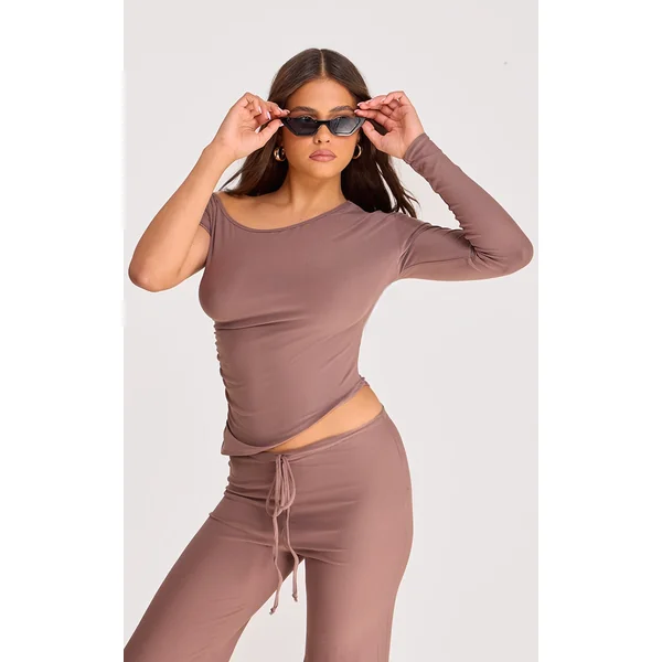 Brown Soft Touch Boat Neck Long Top