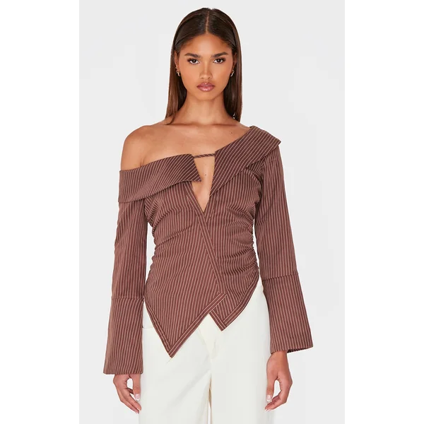 Brown Soft Touch Striped Plunge Shirt