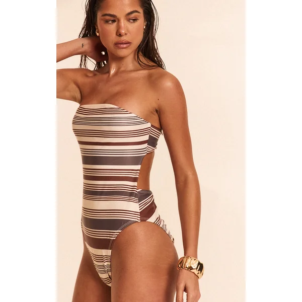 Brown Stripe Bandeau Cut Out Back Swimsuit