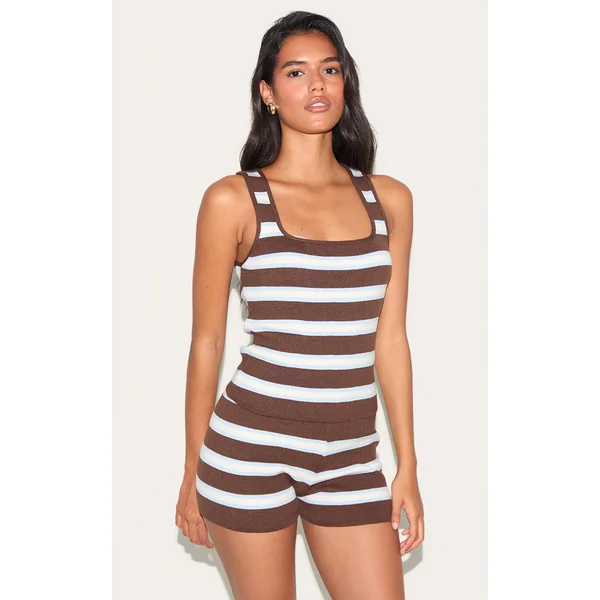 Brown Stripe Knit Scoop Neck Tank Top