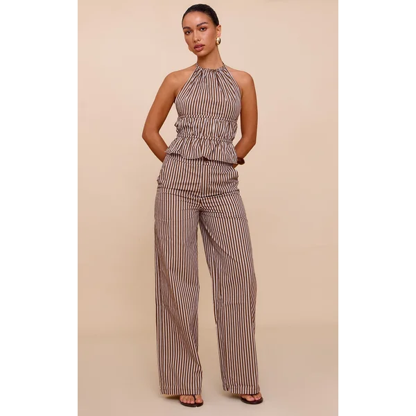 Brown Stripe Woven Mid Rise Wide Leg Pant
