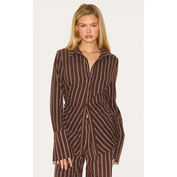 Brown Striped Asymmetric Cinched Deep Cuff Shirt