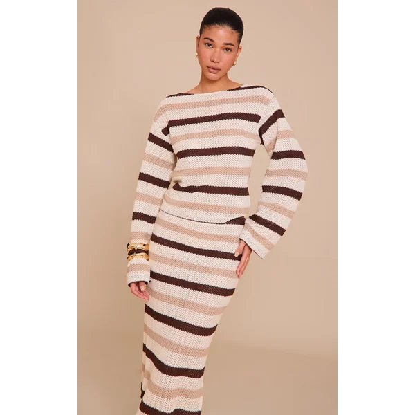 Brown Striped Boatneck Long Sleeve Top