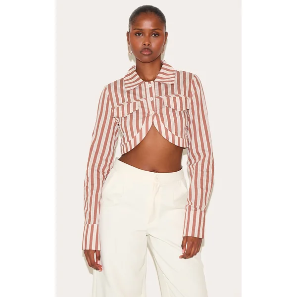 Brown Striped Curved Hem Cropped Shirt