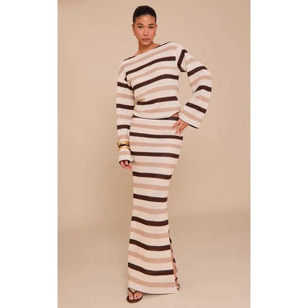 Brown Striped Mid Rise Maxi Skirt