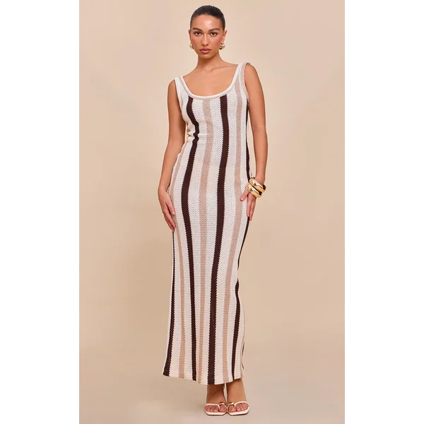 Brown Striped Textured Scoop Neck Maxi Dress