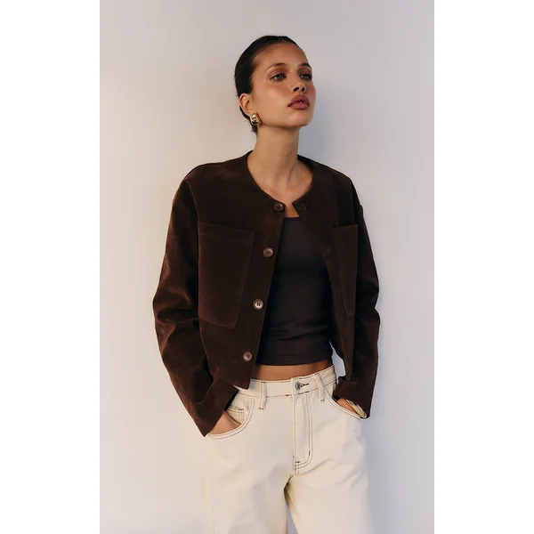 Brown Suede Look Boxy Button Up Jacket