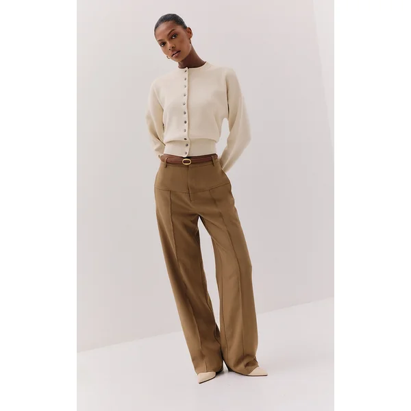 Brown Tailored Thick Belted Waistband Detail Wide Leg Pants