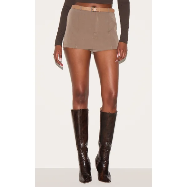 Brown Tailored Woven Belt Detail Skort