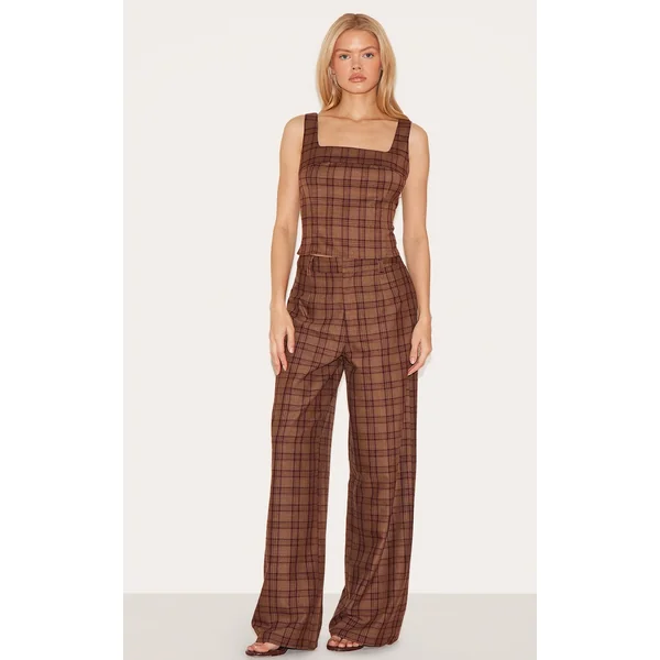 Brown Tailored Woven Check Pants