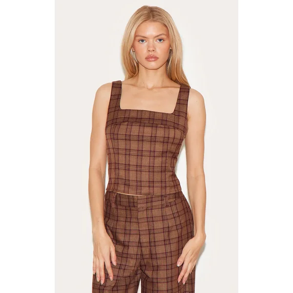 Brown Tailored Woven Check Square Neck Top