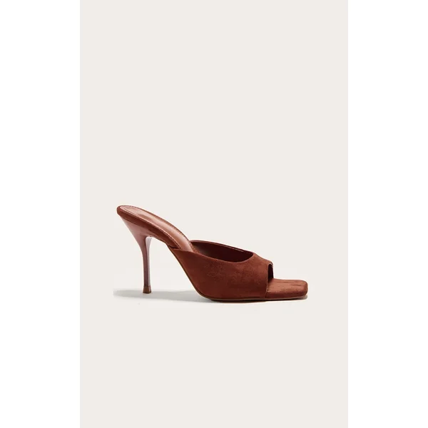 Brown Tan Faux Suede Square Toe High Stiletto Heeled Mules