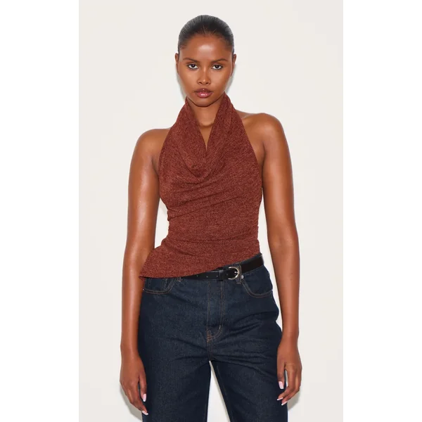 Brown Textured Cowl Neck Backless Long Top