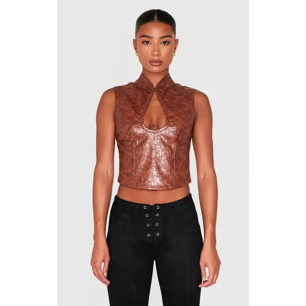 Brown Textured Faux Leather Keyhole Long Top