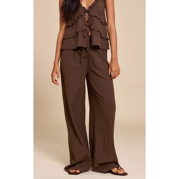 Brown Textured Mid Rise Wide Leg Pants