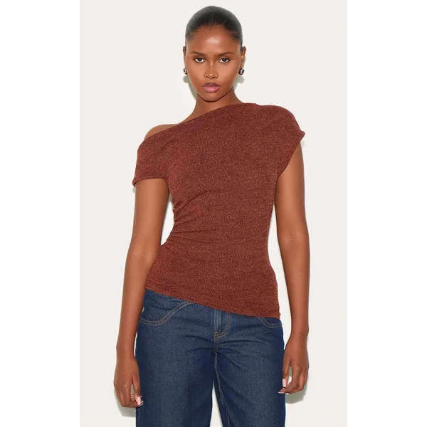 Brown Textured Ruched Asymmetric Longline Top