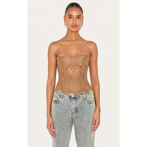 Brown Textured Sheer Floral Lace Corset