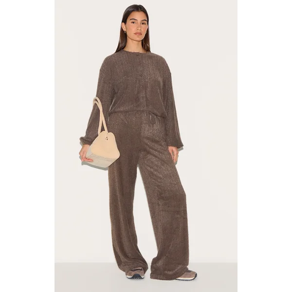 Brown Textured Wide Leg Drawstring Pants