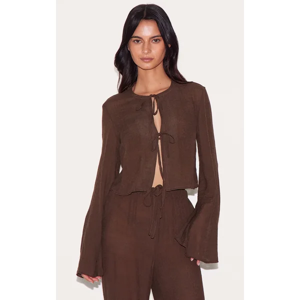 Brown Tie Front Detail Linen Look Beach Top