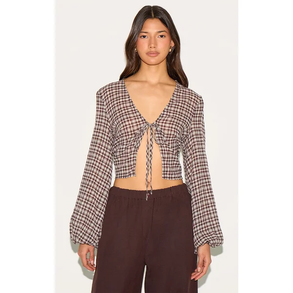 Brown Tie Front Gingham Blouse