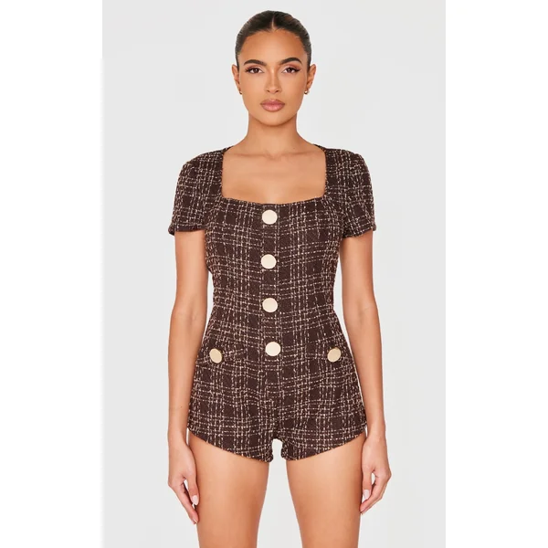 Brown Tweed Short Sleeve Button Detail Romper