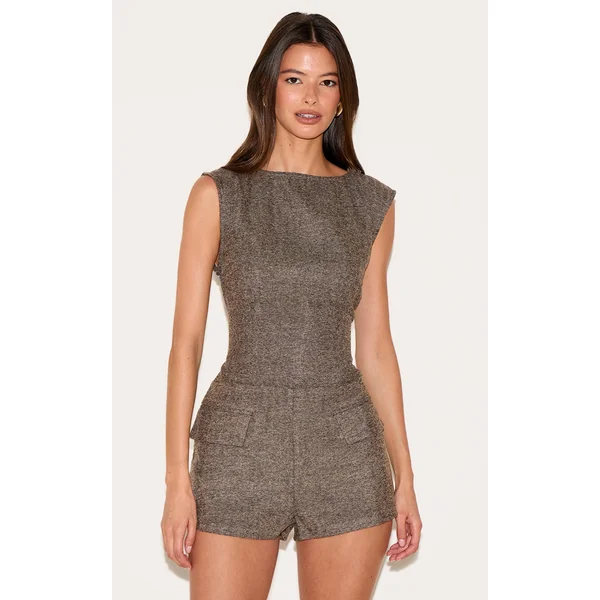 Brown Tweed Sleeveless Pocket Detail Romper