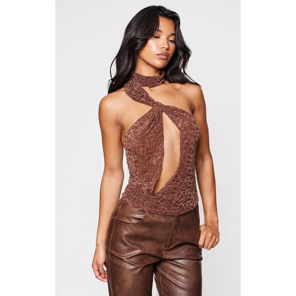 Brown Velvet Lace Highneck Cut Out Long Top