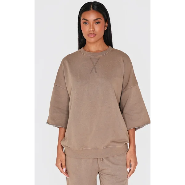 Brown Vintage Wash Oversized Short Sleeve Sweatshirt