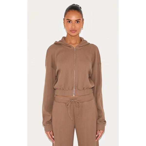 Brown Waffle Zip Up Cropped Hoodie