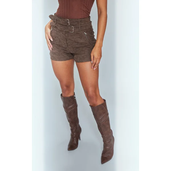 Brown Washed Faux Leather Belted Shorts