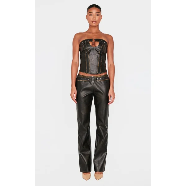 Brown Washed Faux Leather Belted Straight Leg Pant