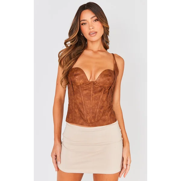 Brown Washed Faux Leather Boned Bust Detail Corset