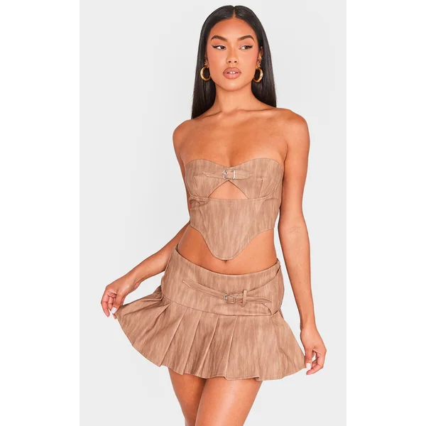 Brown Washed Faux Leather Buckle Detail Top