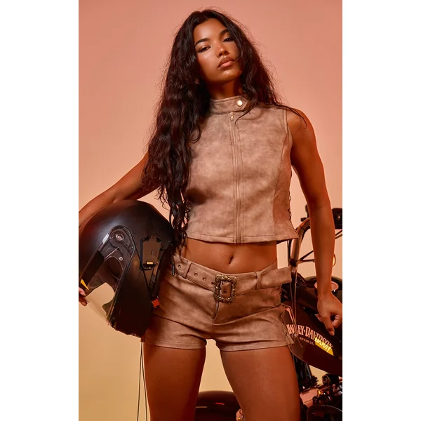 Brown Washed Faux Leather Lace Up Detail Long Top