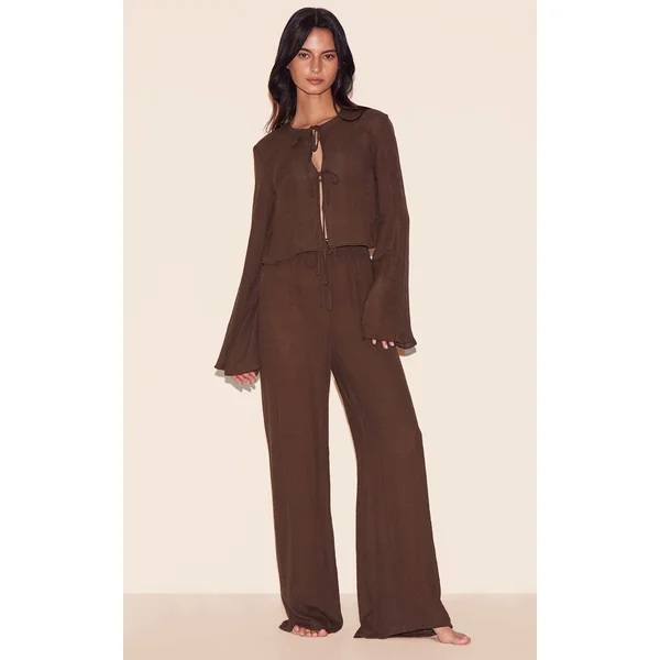 Brown Wide Leg Linen Look Beach Pants