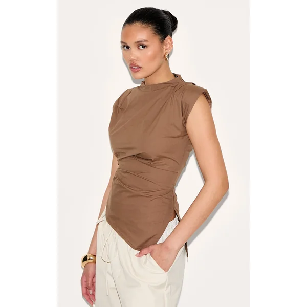 Brown Woven Shoulder Detail Asymmetric Hem Long Top